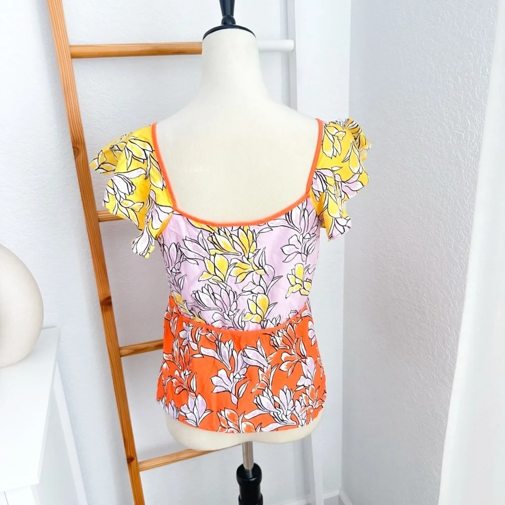 Farm Rio Tia Flutter Sleeved Blouse Floral Yellow Pink - Picture 4 of 8